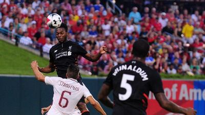 Daniel Sturridge of Liverpool heads the ball during a friendly match against AS Roma at Busch Stadium on August 1, 2016 in St Louis, Missouri. (AP)