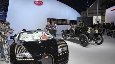 A Bugatti car is on display at the China International Exhibition Center during Auto China 2014 in Beijing, on April 20. AFP