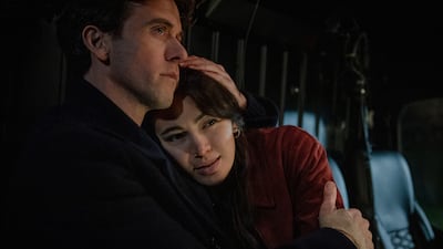 Ashley Zukerman as congressman Daniel Keene, left, and Jessica Henwick as journalist Helen Drew in Silo season three. Photo: Apple TV