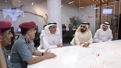 Sheikh Mohammed bin Rashid, Sheikh Hamdan bin Mohammed, Sheikh Saif bin Zayed and Mohammed Al Gergawi hear presentations by Government Accelerators teams about the project’s phases and objectives. Wam