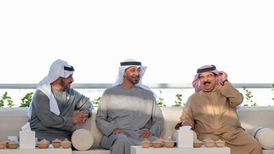Sheikh Mohamed bin Zayed and King Hamad, speak during barza with Sheikh Hamdan bin Zayed, Ruler’s Representative in Al Dhafra Region.