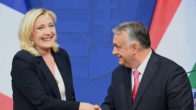 Marine Le Pen with Hungarian Prime Minister Viktor Orban in Budapest. AFP