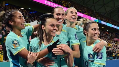 Hayley Raso, second left, celebrates with her Australia teammates after scoring her second against Canada in their Women's World Cup Group B match on July 31, 2023. EPA