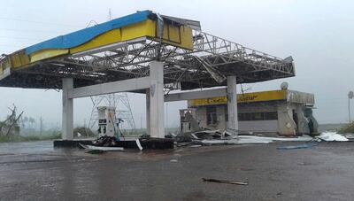 A petrol station destroyed by winds from Cyclone Fani on the outskirts of Puri on May 3, 2019. AP Photo