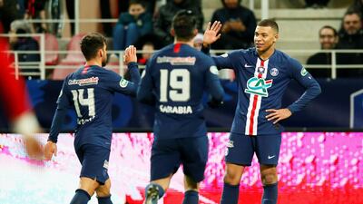 Kylian Mbappe celebrates their fifth goal. Reuters
