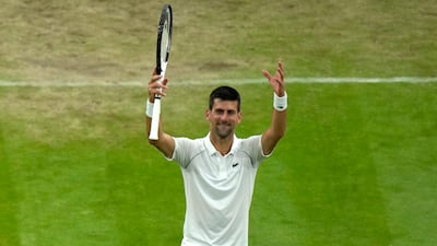 Serbia's Novak Djokovic celebrates defeating Tim van Rijthoven of the Netherlands at Wimbledon on Sunday. AP