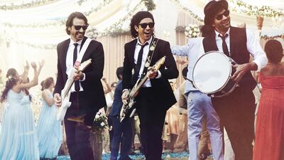 From left: Arjun Rampal, Farhan Akhtar and Purab Kohli in Rock On 2. Courtesy Excel Productions