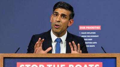 Prime Minister Rishi Sunak speaks during a press conference following the launch of new legislation on migrant channel crossings. Getty Images