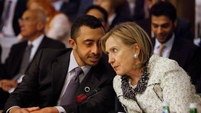 The Foreign Minister, Sheikh Abdullah bin Zayed, with the US Secretary of State Hillary Clinton before the meeting in Rome yesterday.