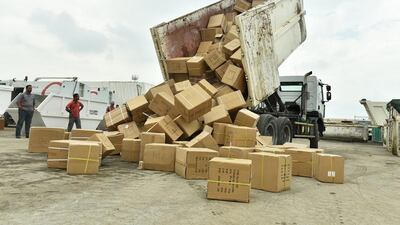 Around 885 items of clothing and 780 pairs of shoes were handed to the Emirates Red Crescent’s Keeping Grace Project to be distributed to people in need. Courtesy Department of Economic Development