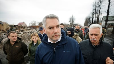 Austrian Chancellor Karl Nehammer during a visit to Bucha, near Kyiv, in Ukraine on April 9. EPA / Austrian Chancellery