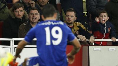 An Arsenal fan yells at Chelsea's Diego Costa during the Premier League match between Arsenal and Chelsea on Sunday at the Emirates Stadium. John Sibley / Action Images / Reuters / January 24, 2016