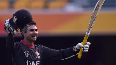 Shaiman Anwar makes history against Ireland, becoming the first UAE batsman to score a World Cup century. Indranil Mulkherjee / AFP
