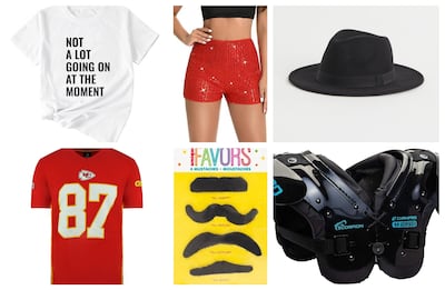 T-shirt, Dh87, www.desertcart.com; shorts, Dh89, www.fruugo.ae; hat, Dh85, ae.hm.com; T-shirt, Dh109, www.fruugo.ae; moustaches, Dh19.01, www.mumzworld.com; shoulder pad, Dh313, www.amazon.ae. Photos: Desert Cart; H&M; Fruugo; Mumz World; Amazon