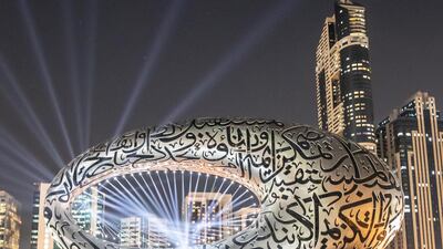 Test of the light show to celebrate the 49th UAE National Day celebrations projected on the Museum of The Future. Antonie Robertson/The National