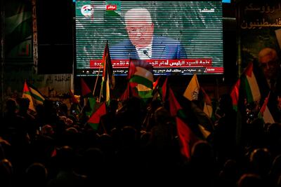 Hundreds of Palestinians gather in the West Bank city of Ramallah to watch on a large screen as Palestinian president Mahmoud Abbas addresses the General Debate of the 73rd session of the General Assembly. AFP