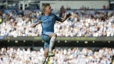 Manchester City's Kevin De Bruyne celebrates scoring against Bournemouth on Saturday. Peter Powell / EPA / September 17, 2016