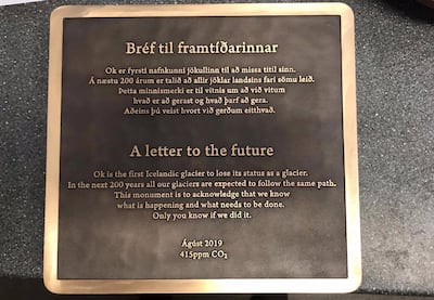 The plaque commemorates Okjokull glacier, which once sat on top of Ok volcano in Borgarfjordur, Iceland. EPA / RICE University