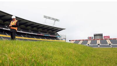 The damaged turf at the Canterbury Crusaders’s AMI Stadium from the Christchurch earthquake in February, which left the pitch uneven and has forced the side to play all their Super games this season away.