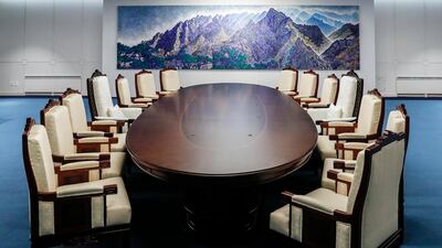 The meeting room prepared for the April 27 summit between South and North Korea in the Peace House, Panmunjom in the Demilitarized Zone / South Korea Presidential Blue House via AP