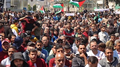 Supporters of the Palestinian Hamas and Islamic Jihad movements rally after Friday prayers in Gaza City, following clashes at Al Aqsa Mosque compound in Jerusalem. AFP