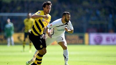 Mats Hummels of Borussia Dortmund shown in action during his team's Bundesliga win over Paderborn on Saturday. Lars Baron / Bongarts / Getty Images / April 19, 2015