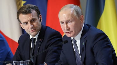 French President Emmanuel Macron and Russian President Vladimir Putin after a summit on Ukraine at the Elysee Palace in Paris, in December 2019. Reuters