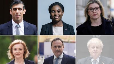 Clockwise from top left: Rishi Sunak, Kemi Badenoch, Penny Mordaunt, Boris Johnson, Tom Tugendhat, and Liz Truss. PA / Reuters / UK Parliament