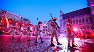 Performers in medieval costumes take part in the procession of 'Ommegang', at the Grand Place in Brussels, Belgium. EPA