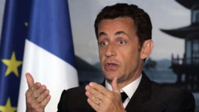 The French president Nicolas Sarkozy speaks at a press conference in Toyako, Japan.