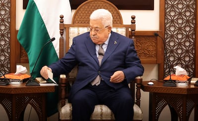 Palestinian President Mahmoud Abbas during his meeting with Spain's Prime Minister Pedro Sanchez and Belgium's Prime Minister Alexander De Croo in the West Bank city of Ramallah. AP