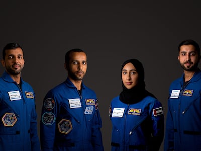 From left, Emirati astronauts, Hazza Al Mansouri, Sultan Al Neyadi, Nora Al Matrooshi and Mohammed Al Mulla. Photo: MBRSC