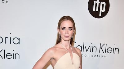 Emily Blunt wearing Salvatore Ferragamo nude lizard and suede T-strap sandals at 68th Cannes Film Festival. Courtesy Salvatore Ferragamo