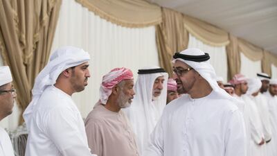 Sheikh Mohammed bin Zayed, Crown Prince of Abu Dhabi Deputy Supreme Commander of the Armed Forces, offers condolences the family and friends of Abdullah Mohammed Saeed Al Yamahi, who passed away in a helicopter crash in Yemen. Ryan Carter / Crown Prince Court - Abu Dhabi