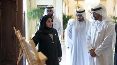 Sheikh Mohamed bin Zayed, views designs of the new Al Ain Museum. Seen with Mohamed Khalifa Al Mubarak, Chairman of the Department of Culture and Tourism and Abu Dhabi Executive Council Member. Crown Prince Court - Abu Dhabi