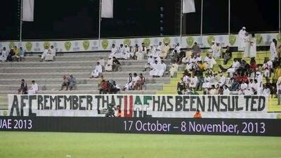 DUBAI , UNITED ARAB EMIRATES - Oct 16 : Banner for AFC put up during the International friendly football match between UAE vs Bahrain at Al Wasl club in Dubai. UAE won the match by 6-2. ( Pawan Singh / The National ) For Sports. Story by Ahmed