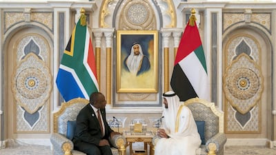 Sheikh Mohamed bin Zayed meets with Cyril Ramaphosa, President of South Africa (left), at the Presidential Palace in July 2018. Hamad Al Kaabi / Crown Prince Court - Abu Dhabi