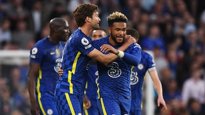 Marcos Alonso celebrates with teammate Reece James after scoring. EPA