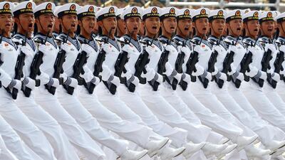 Soldiers of People's Liberation Army march in formation during the military parade marking the 70th founding anniversary of People's Republic of China in Beijing. Reuters