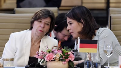 French Foreign and European Affairs Minister Catherine Colonna, left, talks with German Foreign Minister Annalena Baerbock. AP