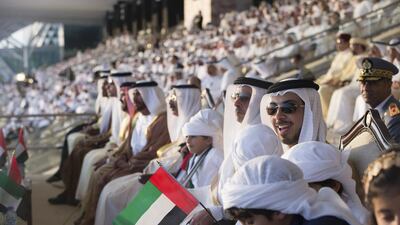 Sheikh Mansour bin Zayed Al Nahyan, Deputy Prime Minister and Minister of Presidential Affairs, right, and Lt General Sheikh Saif bin Zayed, Deputy Prime Minister and Minister of Interior, second right, attend National Day celebrations at Adnec. Ryan Carter / Crown Prince Court - Abu Dhabi