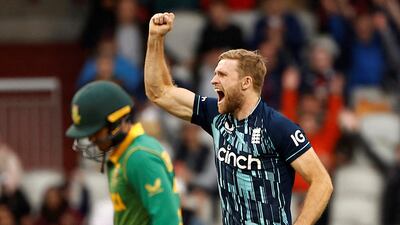 England's David Willey after taking the wicket of South Africa's Quinton de Kock. Reuters