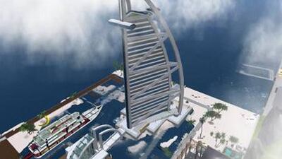 A screenshot of the Burj Al Arab in the game Second Life.