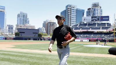 Miami Marlins player Ichiro Suzuki of Japan leaves the field following batting practice prior to the Marlins’ game against the San Diego Padres at Petco Park in San Diego, California, USA, 15 June 2016. Paul Buck / EPA