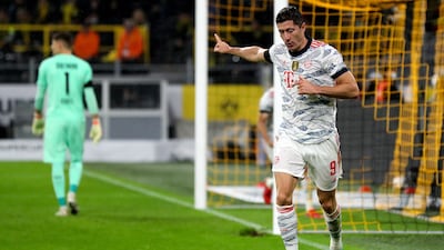 Bayern's Robert Lewandowski celebrates after scoring the opening goal.