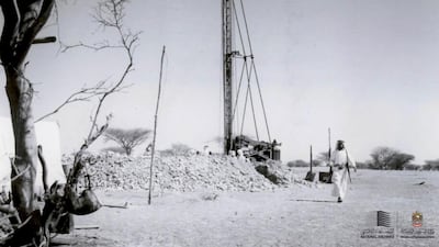Drilling for water in Al Ain, then known as Buraimi, in 1958. The area was source of clean water from the nearby mountains, and also ran along ancient channels known as al falaj. Courtesy National Archives