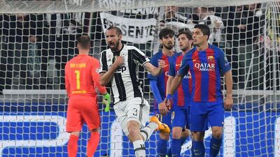 Girgio Chiellini scored the third goal in Juventus' 3-0 win against Barcelona in the Uefa Champions League quarter-final first leg on Wednesday. Giuseppe Cacae / AFP