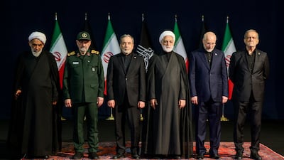 Iranian senior officials at the ceremony including President Masoud Pezeshkian, right, Parliament Speaker Mohammad Bagher Ghalibaf, second right, and Foreign Minister Abbas Araghchi, third left. Reuters