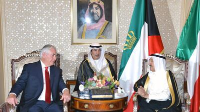 The emir of Kuwait, Sheikh Sabah Al Ahmad Al Sabah (R), receives US secretary of state Rex Tillerson (L) at Bayan Palace in Kuwait City on July 10, 2017. Kuna / AFP