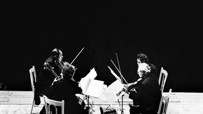 Quatuor Borodine in the Temple of Bacchus, 1974, by Waddah Faris. Courtesy of Saleh Barakat Gallery